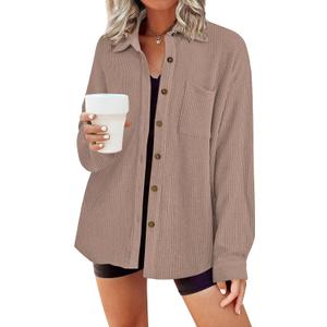 HOTOUCH Waffle Button Down Shirts for Women Dressy Casual Work Shacket V Neck Long Sleeve Lightweight Tops with Pocket (Medium, Khaki)