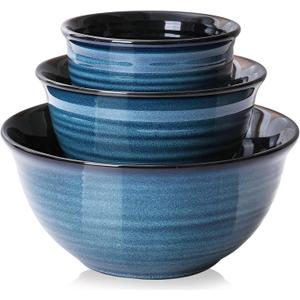 HASENSE Ceramic Mixing Bowls Set for Kitchen, Handmade Serving Dishes for Entertaining, 2.1/1.0/0.5 Qt Deep Microwave Safe Nesting Bowls for Storage and Baking, Blue