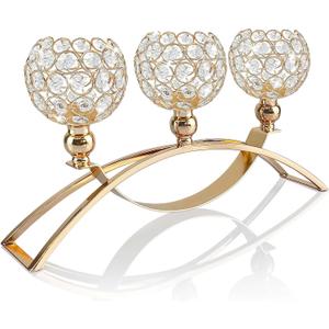 Crystal Candle Holders, Tealight Candlestick Candelabra Stand with 3 Arms,Candle Holder for Wedding Home Decor/Table Centerpiece Party Decoration (Gold)