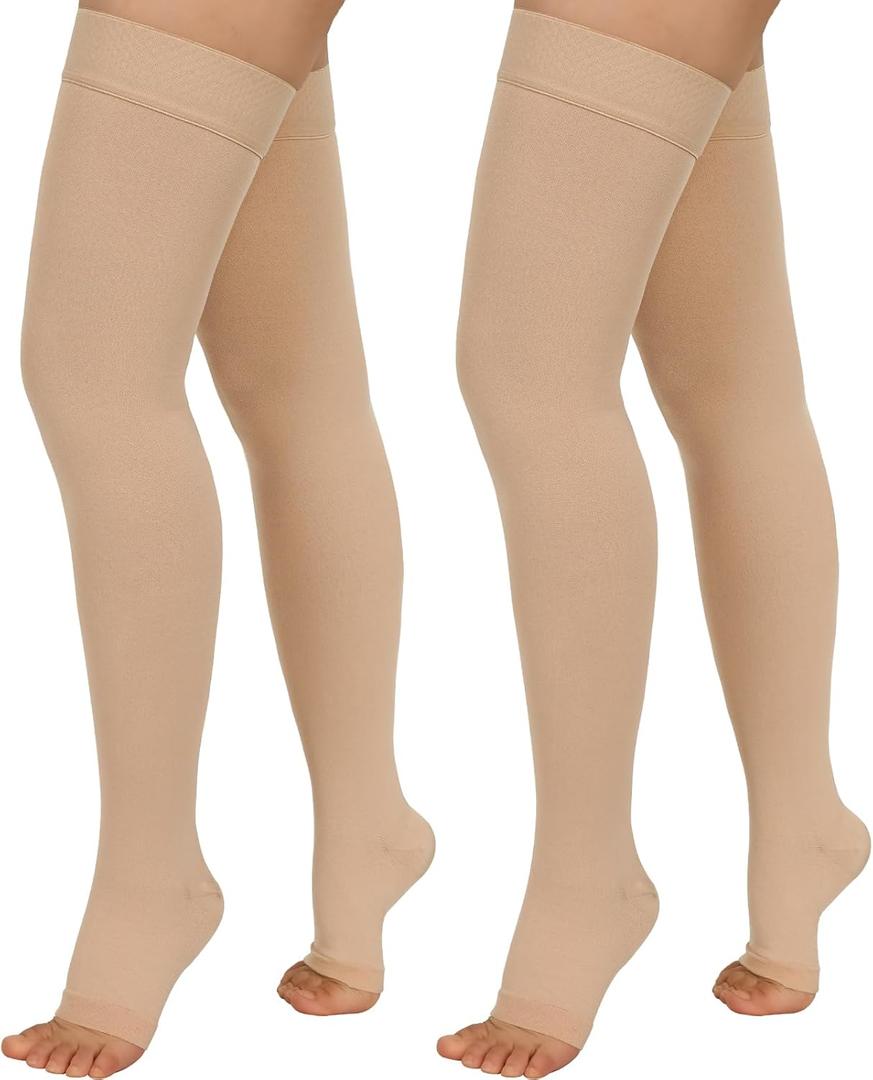 2 Pairs Compression Stockings for Women & Men, 20-30mmHg Thigh High Compression Socks, Open Toe Medical Compression Socks with Silicone Dot Band-Best Support for Nursing Sports Varicose Veins, Medium
