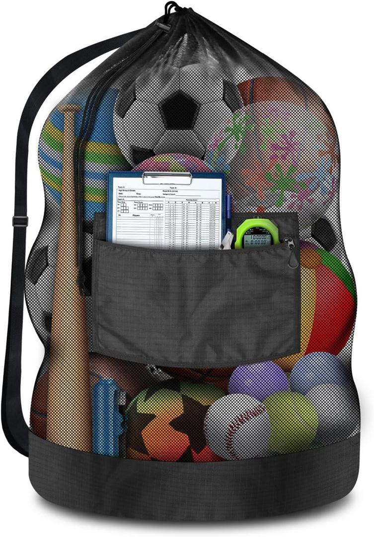 BROTOU Heavy Duty Soccer Ball Net Bag(100L Extra Large Capacity 10-12Balls), Drawstring Mesh Ball Bag with Zipper Pocket, Sports Equipment Storage Organizer Hold for Gym, Beach, Cloth, Swimming Gears (40*30 inches, Black-1pc-Thickened Upgrade)