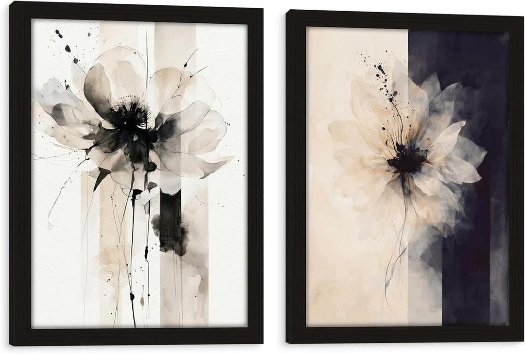 Framed 3D Canvas Abstract Floral Wall Art Modern Minimalist Black And White Flower Print Poster Gallery Style Painting Print For Living Room Bedroom Bathroom Office 16x24 Inch 2-Piece Set