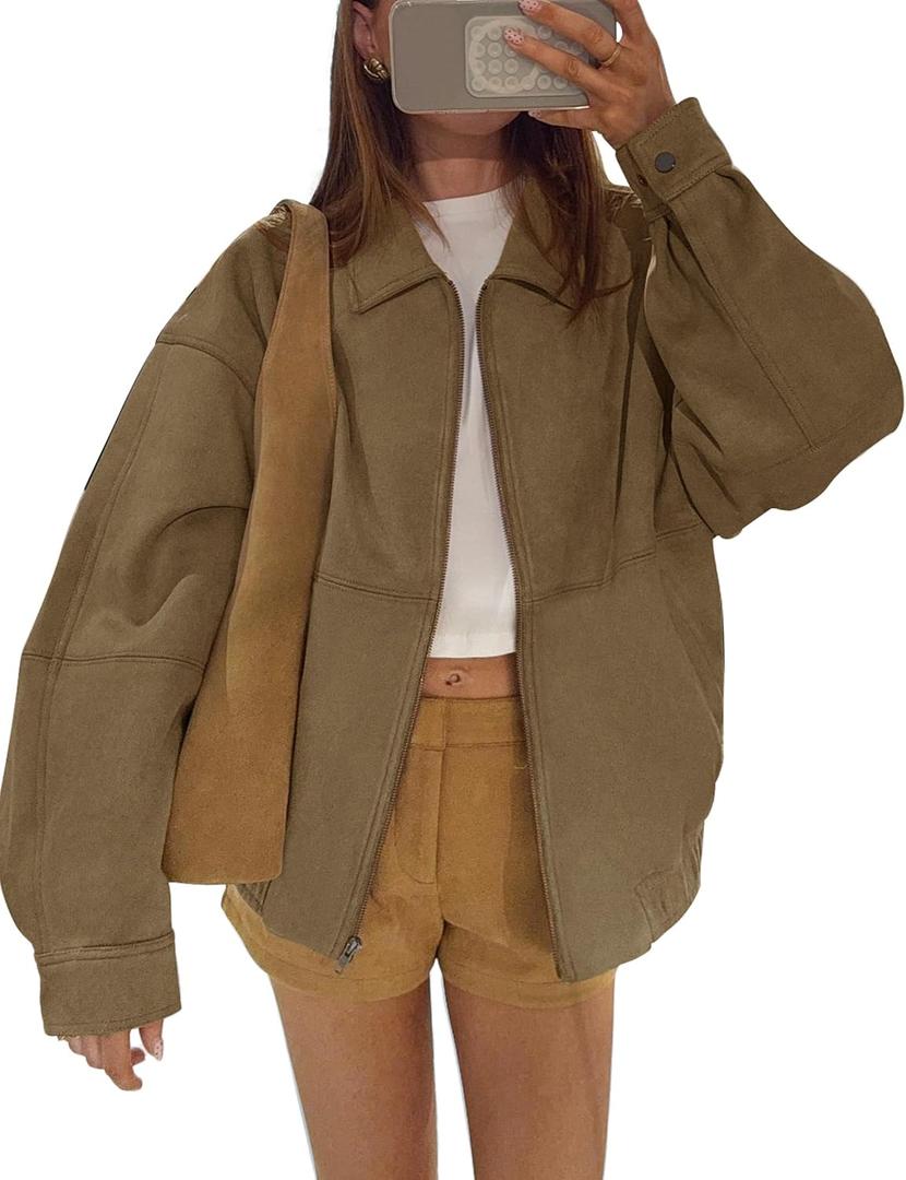 PHISOCKAT Women's Faux Suede Jackets Zip Up Long Sleeve Suede BomberJacket Oversized Fall Jackets with Pockets (Medium, Brown)