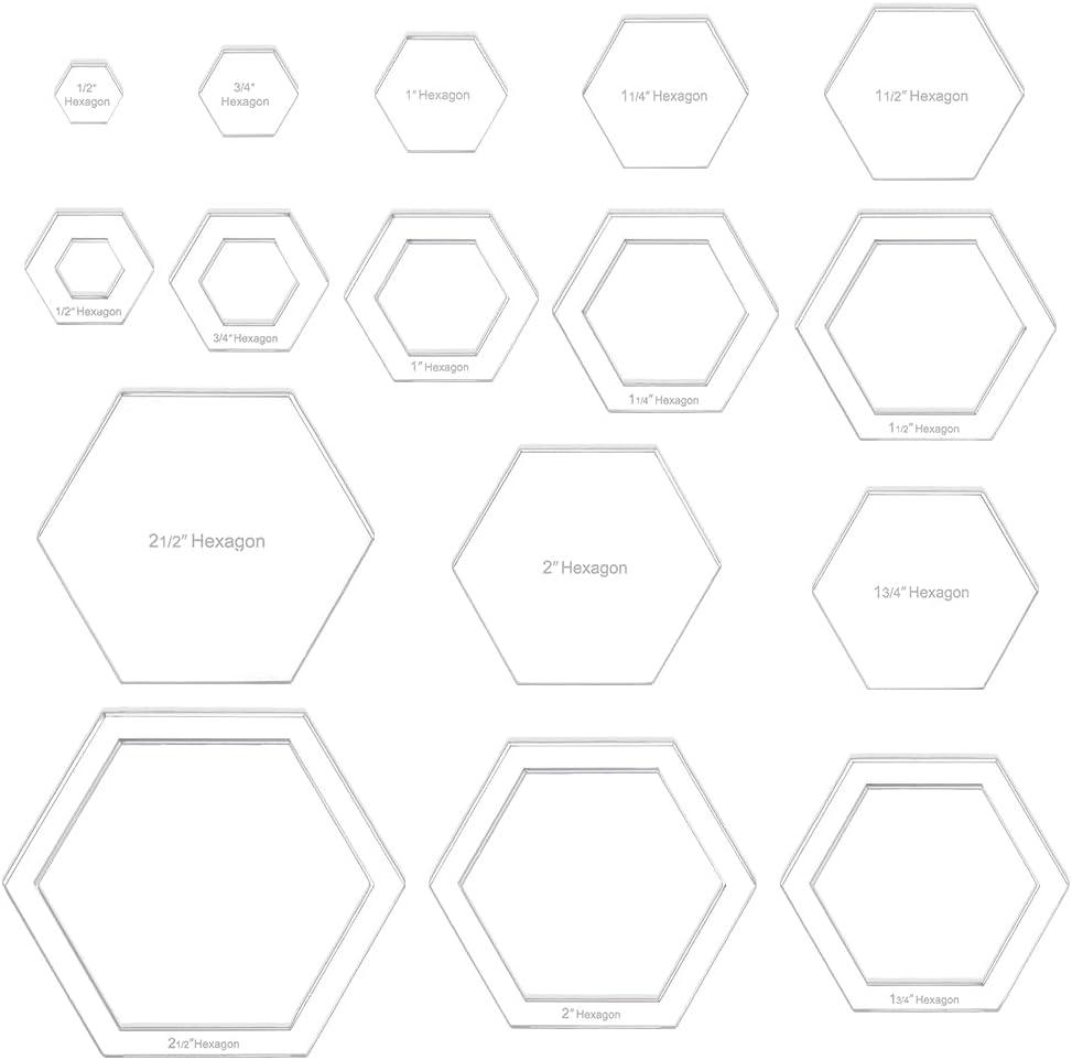 BENECREAT 16 Sizes Hexagon Quilting Template, Acrylic Intricate Sewing Machine Ruler, Transparent Pressure Plate Router Template for DIY Hand Patchwork Cutting Craft, 6mm Thick