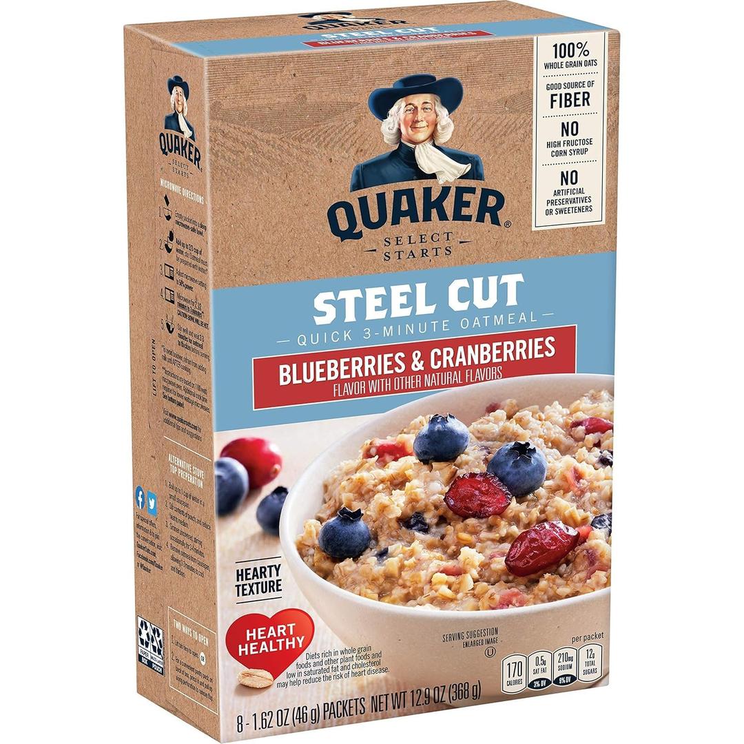 Quaker, Instant Steel Cut Oatmeal, Cranberries And Blueberries, 8 Ct (EXP 02/13/26)