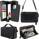 Harryshell Compatible with iPhone 12 / iPhone 12 Pro Case Wallet Multi Zipper Detachable Magnetic Cover Clutch Purse with Card Slots Mirror Crossbody Chain Wrist Strap (Black)