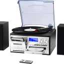 10 in 1 Vintage Record Player with External Speakers, 3 Speed Turntable with Bluetooth, CD Cassette Player, AM FM Radio, USB SD Playback, Remote Control for Home Entertainment, Black