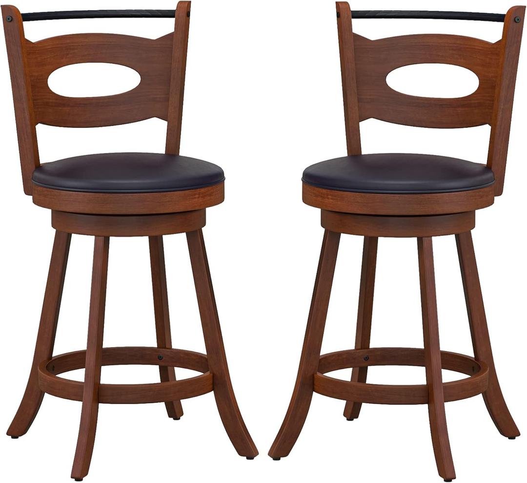 Swivel Counter Height Barstool Set of 2,Swivel Bar Height Stools with Back & Footrest,Upholstered 360 Degree Swivel Counter Height Dining Chair,Wood Bar Chairs w/PVC Cushioned Seat (24 inch)