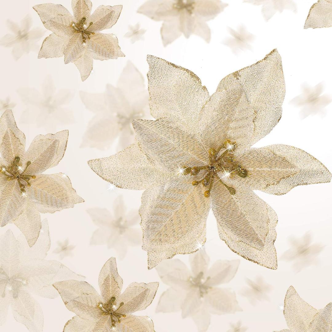 WILLBOND 36 Pcs 3 Size Christmas Poinsettia Christmas Tree Flowers Glitter Faux Flowers Decoration Artificial Poinsettia Ornaments for New Year Home Outdoor Decoration(4/6/8.7 Inches,Gold)