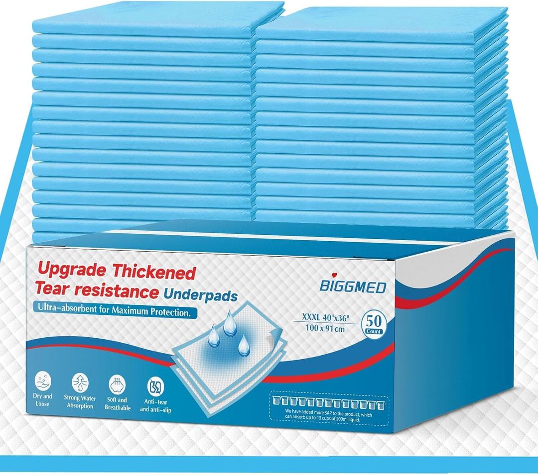 Tear-Resistant Incontinence Bed Pads 40'' x 36'' (50 Count ) with 130 Gram Heavy Duty Disposable Underpads Chucks Pads for Adults, Kids & Elderly | Protection Pads for Bed, Sofa, and Chair