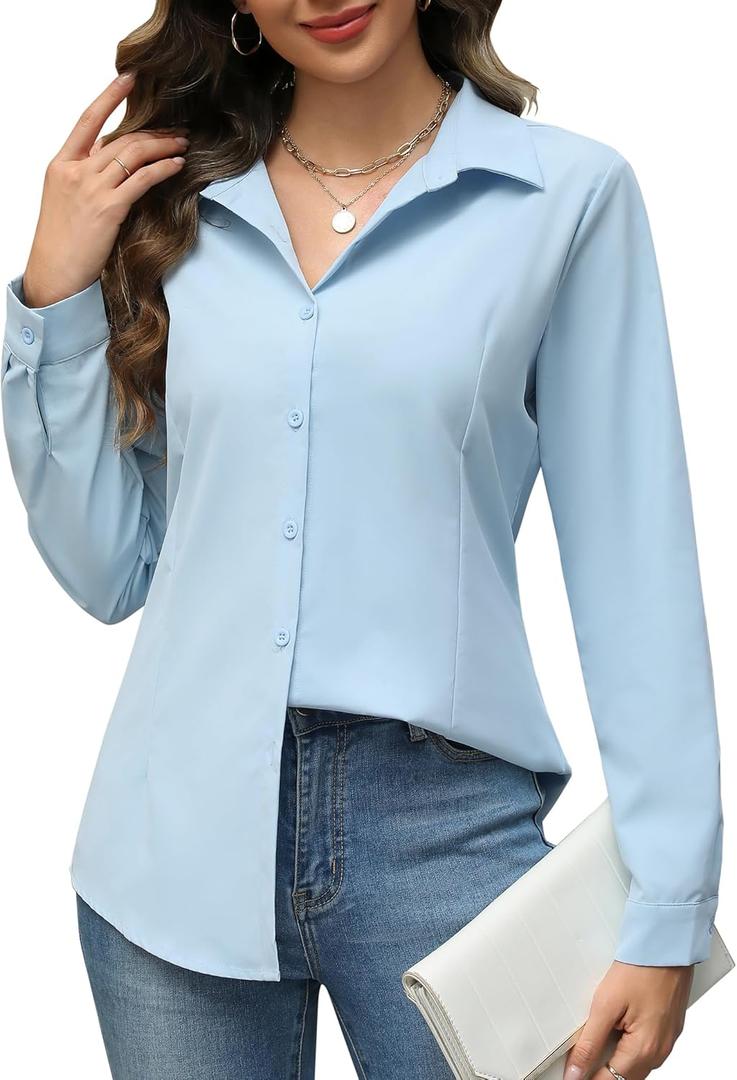 HOTOUCH Womens Button Down Shirts Long Sleeve Dress Shirt Slim Fit Collared Tops Casual Work Office Blouse S-XXL (Light Blue)