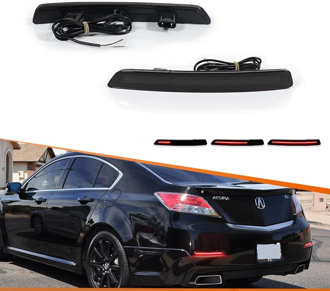 ADIIL 2PCS Smoked Lens Red LED Rear Bumper Bar Reflector Lights For 2012 2013 2014 Acura TL
