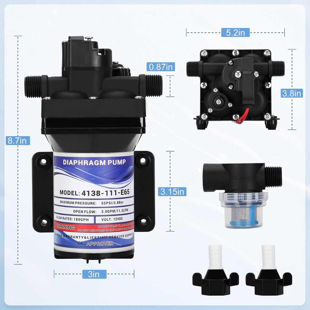 RV Water Pump 3.0 GPM,55 PSI,12 VDC, 4138-111-E65/4138-111-A65 Quiet Fresh Water Pump with Detachable Filters, Self-Priming up to 6 Feet, Water Delivery Pump for RV, Garden, Camperor Marine Use