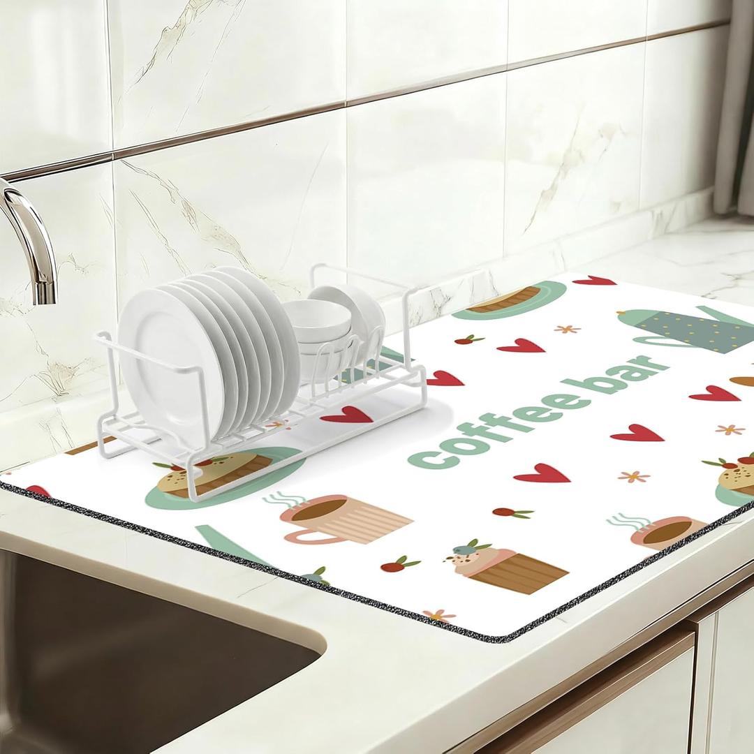 Dish Drying Mat 16" X 24", Super Absorbent & Cuttable Coffee Mats for Countertop, Kitchen Counter Mat Fits Under Coffee Maker or Machine, Hide Stain Drying Pad for Dish Drying Rack, Coffee and Sweets