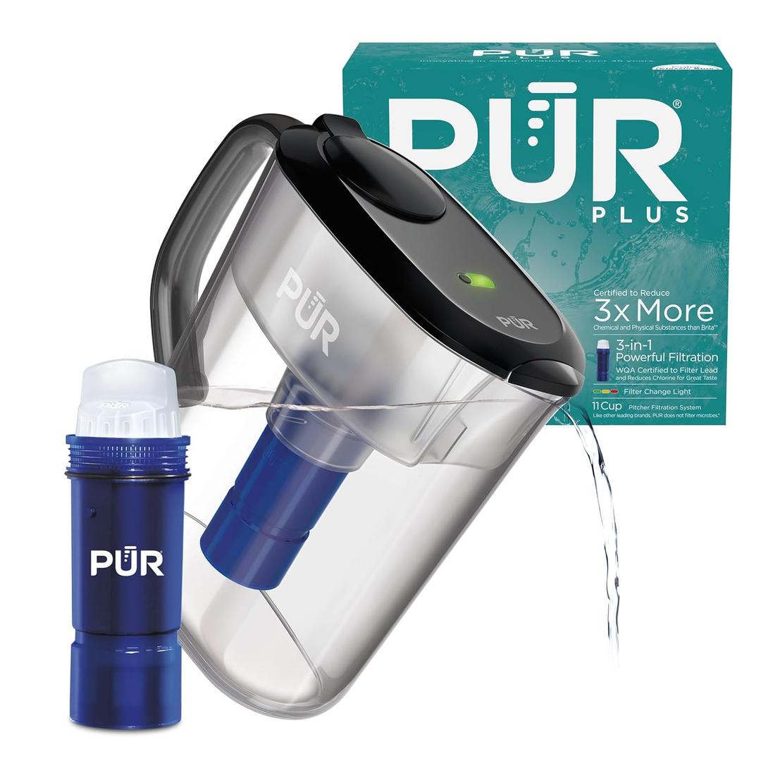 PUR Plus 11-Cup Water Pitcher, 1 Lead-Reducing Filter, Cleaner, Great-tasting Water, Dishwasher Safe, Powerful Filtration, Filter Change Light Indicator, LockFit Cap Design - Smoke (Black)