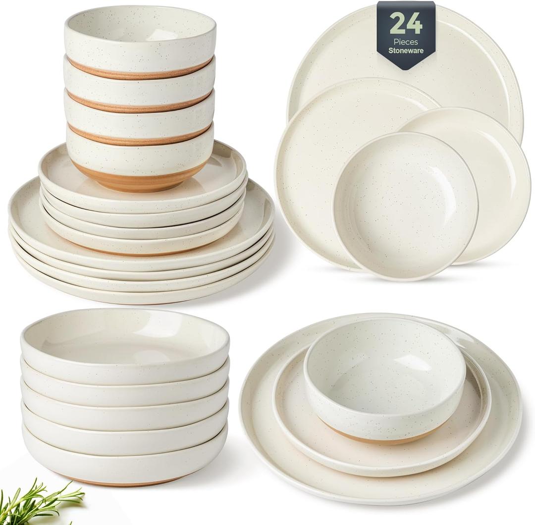 AmorArc Ceramic Dinnerware Sets with Pasta Bowls for 6, Handpainted Plates and Bowls Set with Rustic Terracotta Underside, Scratch Resistant Dishes Set, Dishwasher & Microwave Safe, 24 Pcs (Light Beige)