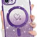 KANGHAR for iPhone 12 Pro Case, Support for MagSafe [Four Corner Cushion Series] Love Heart Pattern Electroplate Edge Shockproof Durable Full Body Protection for Girls Women -Purple