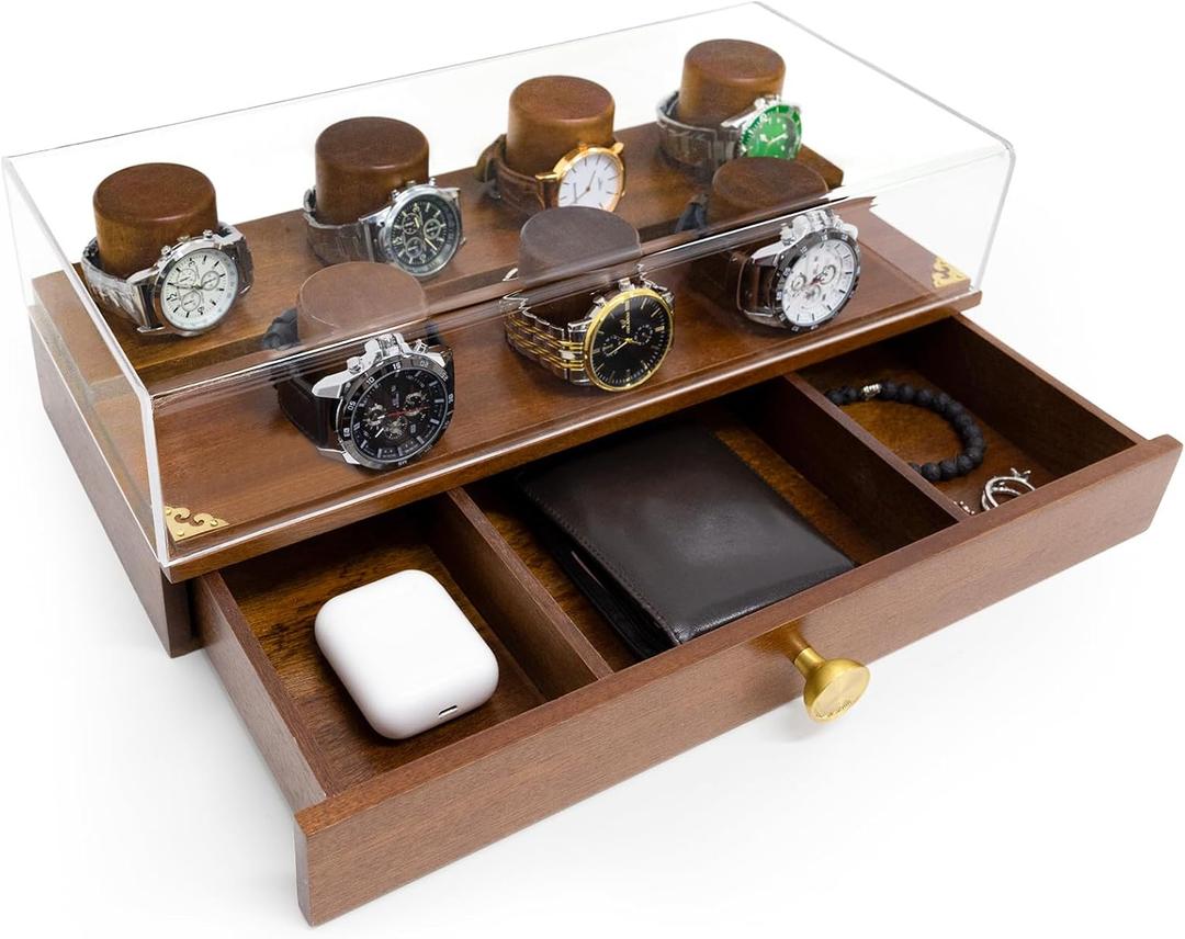 Wooden Watch Case, 2-Tier Watch Display Case Watch Box for Men, Watch Display Stand with Drawer Watch Collection Storage Watch Holder, brown