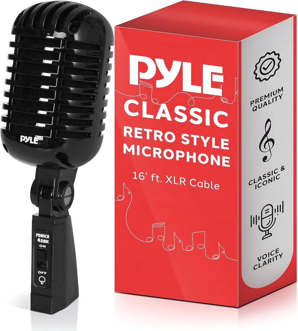 Pyle Classic Retro Dynamic Vocal Microphone - Old Vintage Style Unidirectional Cardioid Mic with XLR Cable - Universal Stand Compatible - Live Performance, In Studio Recording, Black