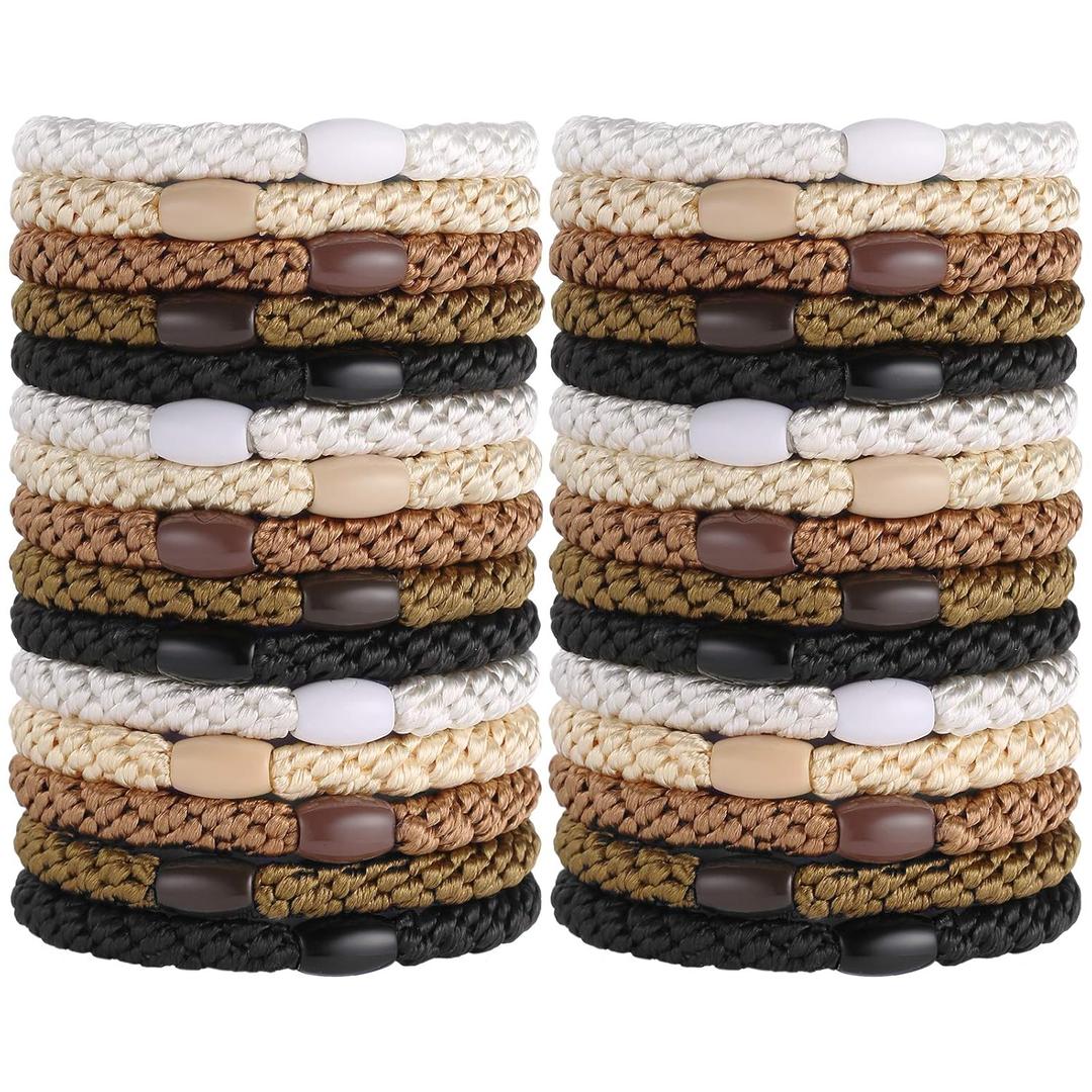 Hair Ties for Women Girls, Funtopia 30 Pcs Elastics Hair Bands Ponytail Holders for Thick Hair, No Damage No Crease Hair Elastics (Black/Brown/White/Beige/Coffee) (1.Neutral)