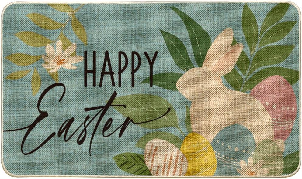 Artoid Mode Blue Rabbit Flowers Bunny Eggs Happy Easter Doormat, Home Decor Low-Profile Switch Rug Door Mat Floor Mat for Indoor Outdoor 17x29 Inch