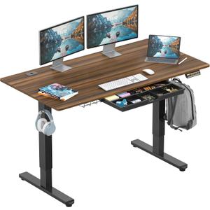 SHW 55 x 28 Inches Electric Height Adjustable Standing Desk with Drawer and Memory Preset, Walnut