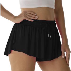 Flowy Athletic Shorts for Women Running Tennis Butterfly Shorts Girls 2-in-1 Double Layer Quick-Drying Comfy Shorts (Small, Carbon Black)