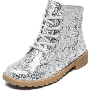 Girls Glitter Ankle Boots Side Zipper Combat Shoes with Lace Up for Little Kid 11