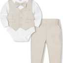 Baby Boy Clothes Suits Infant Gentleman Wedding Outfit Formal Dress Shirt Vest Bowtie Pants 4 Pcs Baby Suit Sets (6-12 Months, Light Beige)