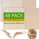 48 Pack Basswood Sheets,12 x 12 x 1/8 Inch,3mm Basswood Plywood Sheets with Smooth Surfaces, Unfinished Wood for Laser Cutting, Wood Burning,Drawing, Architectural Models and DIY Wood Crafts