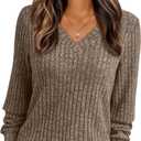 AUTOMET Womens V Neck Long Sleeve Shirt Fall Fashion Tops Tunic Dressy Casual Sweater Clothes Cute Trendy Work Outfits 2026, Khaki, X-Large