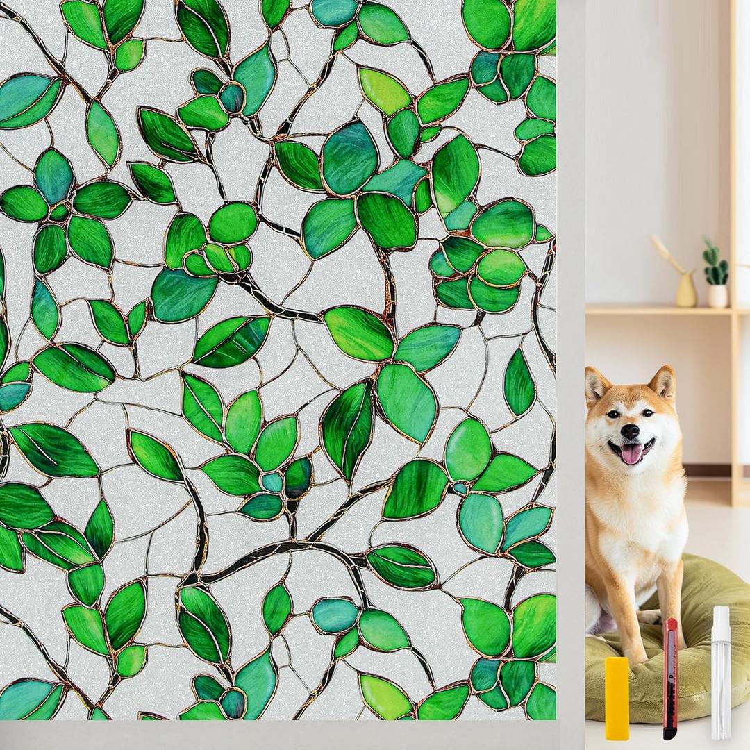 Window Privacy Film with Installation Tools Home Decorative Colored Glass Window Stickers Reusable electrostatic Rainbow Stickers (Frosted Greenery Leaf, 17.5 x 78.7 in)