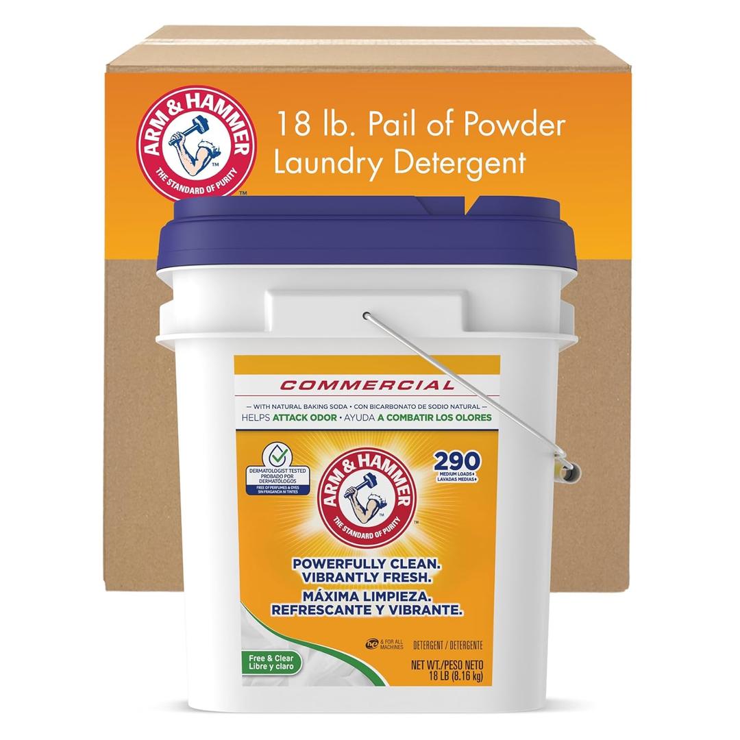 Arm & Hammer Powder Laundry Detergent, Professional Soap for Washing Clothes, 290 Loads, Free and Clear, Bulk 18lb Pail