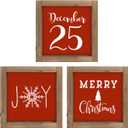 pechpell 3 Pcs Christmas Wooden Sign, Merry Christmas Joy Wall Decor, Indoor Red Holiday Decorative Signage Wood Plaques Wall Art Table Top Shelf Desk Tiered Tray Rustic Farmhouse Decorations for Home