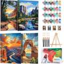 4 Pack Framed Paint by Numbers Kit for Adults Beginner with Wooden Easel, National Park Paint by Number Kits with Frame, DIY Acrylic Landscape Painting by Numbers for Home Wall Decor Gift 8x12 inch (YOP301)