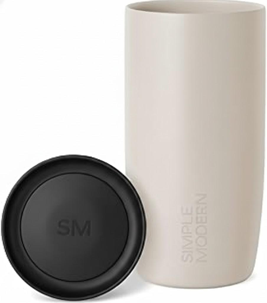 Simple Modern Travel Coffee Mug Tumbler with 360° Lid | Ceramic-Lined Insulated Stainless Steel Cold Brew Iced Coffee Cup | Gift for Women Men Her Him | Voyager Signature | 16oz | Almond Birch