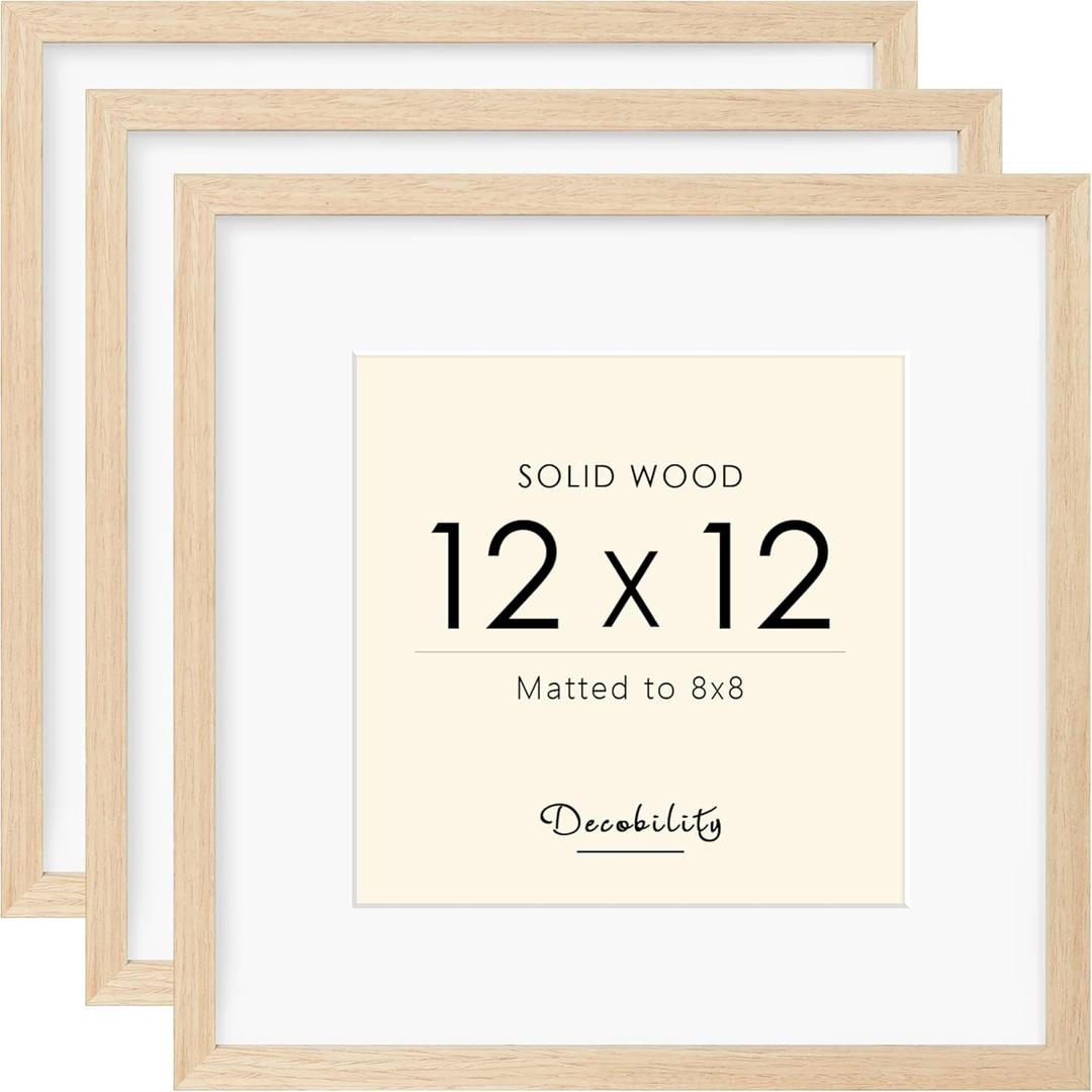 12x12 Picture Frame Made with Solid Wood Set of 3, Display 8x8 with Mat or 12x12 without Mat, Wall Gallery Frame Set with Tempered Real Glass, Tabletop or Wall Mounting Display (3 Pack of Oak)