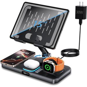 6 in 1 Wireless Charger Compatible for Apple Devices, iPad Charging Station with Digital Time & Night Light for iPhone 16 Pro Max/15/14/iWatch/Air-pods/iPad/Tablet Stand Holder