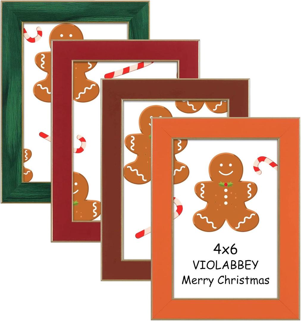 VIOLABBEY 4x6 picture frame set of 4, Modern photo frame with HD Real Glass, Family Friends Gift for Halloween and Christmas, Wall Mounted or Tabletop Display (Green+Red+Caramel brown+Orange)