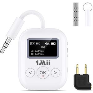 1Mii SafeFly Min+ Bluetooth Transmitter and Receiver,Bluetooth Adapter for Airplane, Supports to 2 AirPods/Headphones,Use with Any 3.5mm Jack on Airplanes, Gym, TVs, Car, Home, Boat(White)