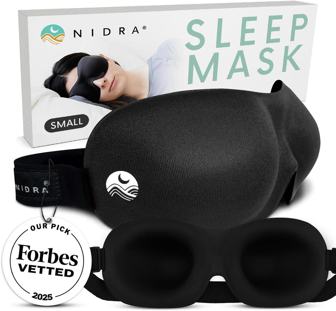 Nidra Contoured Sleep Mask for Men Women  Zero Pressure Fit, Light Blocking Eye Shade for Side Sleeping & Travel  Black, Small Size