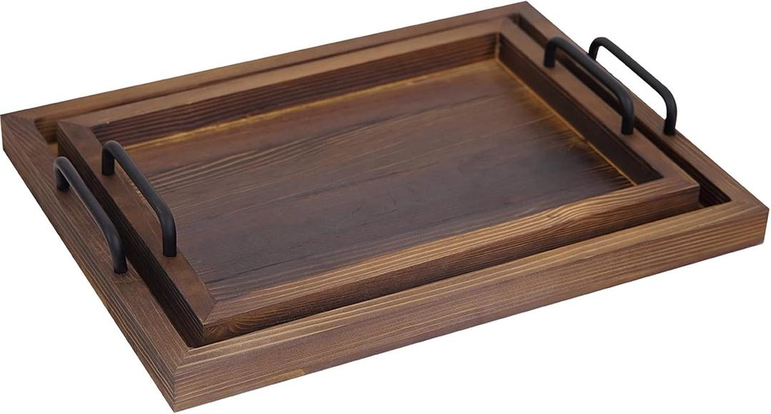 Wooden Serving Trays with Handles 2 Piece Rustic Breakfast Trays Set Farmhouse Decorative Nested Vintage Display Wood Bed Serving Tray for Eating Bed Party Kitchen Ottoman Table Home Decor (Brown)