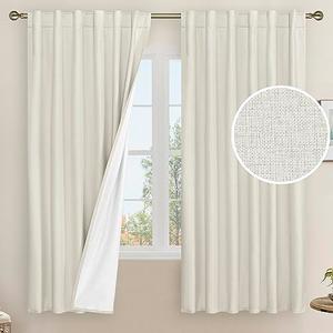 LAMIT 100% Blackout Natural Linen Curtains, 63 Inches Linen Textured Thermal Bedroom Curtains Back Tab and Rod Pocket Neutral Panels with White Liner for Farmhouse, 2 Panels, 52 x 63 Inch, Ivory