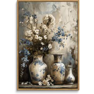 Framed Rustic Farmhouse Floral Canvas Wall Art Blue and White Vase Poster Prints Vintage Still Life Flower Picture Elegant Rural Countryside Painting Wall Decor for Living Room Office Bedroom 16x24in