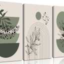 Sage Green Boho Wall Art Set of 3 Abstract Minimalist Geometric Line Poster Green Botanical Leaf Canvas Prints Modern Artwork Painting Decor for Living Room Bedroom Office 12x16 in Framed