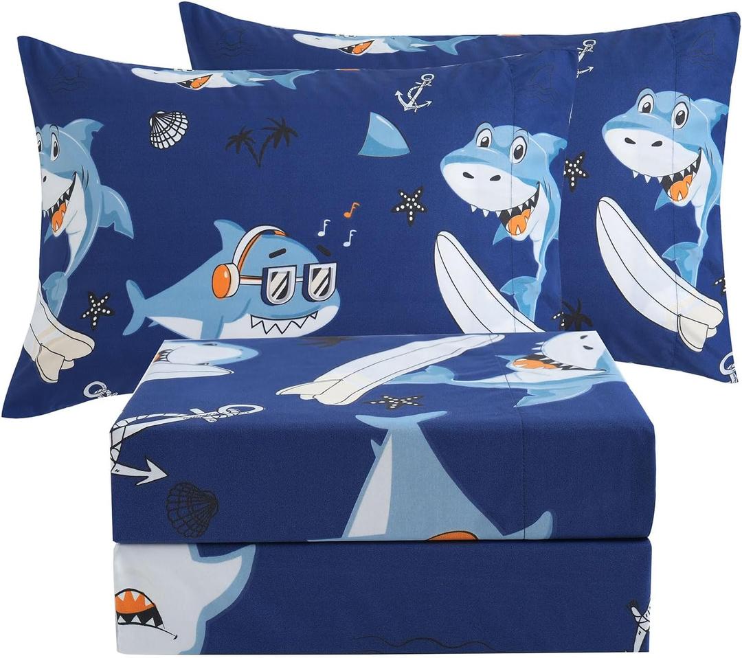 JSD Blue Shark Surfing Kids Sheet Set Full Size, 4 Piece Nautical Printed Microfiber Sheets Deep Pocket