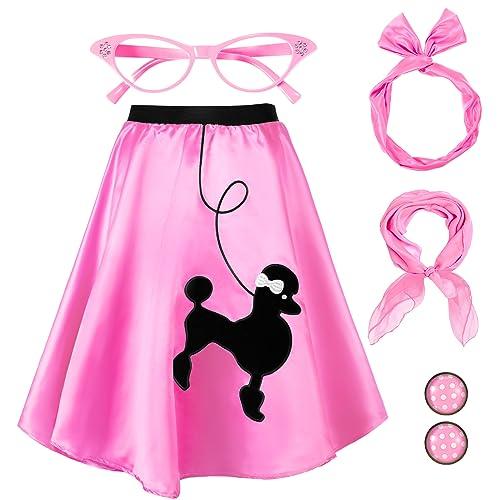 Hicarer 5 Pcs 50s Women Halloween Costume 1950 Poodle Skirt Sock Hop Accessory Outfit Scarf Glasses Bandana Headband Earring (Small, Pink)