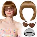 PLULON Light Brown Bob Wig with Heart Sunglasses and Hair Cap for Women, Short Bob Wigs Synthetic Colored Funny Cosplay Hairpieces for Women Men Daily Bachelorette Halloween Costume Party Decorations