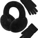 Senker Fashion Winter Ear Muffs Gloves for Women Foldable Warm Earmuffs Faux Fur Fluffy Warmers Covers Headband Cold Weather (Dark Black)