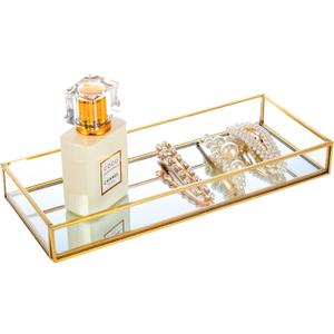 Feyarl Gold Clear Glass Vanity Tray Jewelry Trinket Rings Earrings Organizer Perfume Collection Display Decorative Tray Anti-Mirror Surface for Dresser Room Drawer Office Table Top (9.84 x 3.93inch)